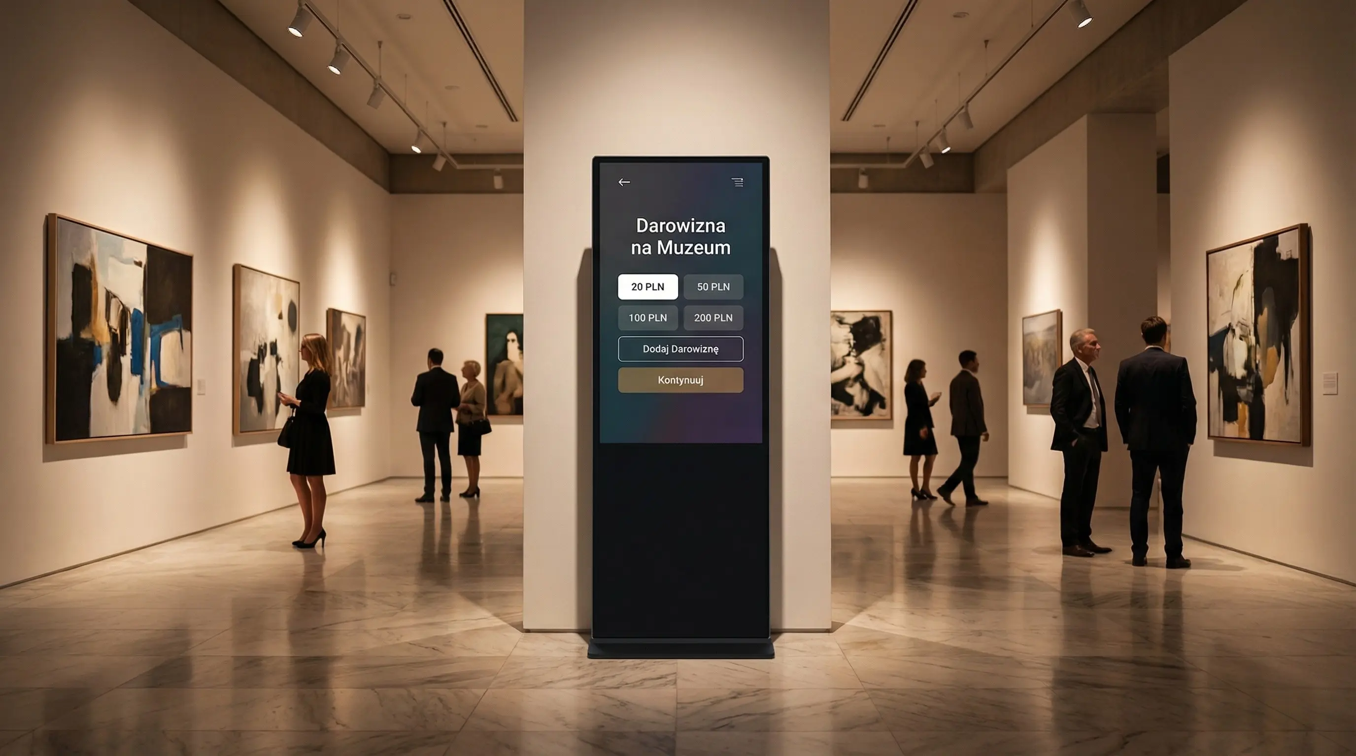 Totem Noblio Premium przy wejściu na wystawę sztuki — prestiżowy kontekst muzeum