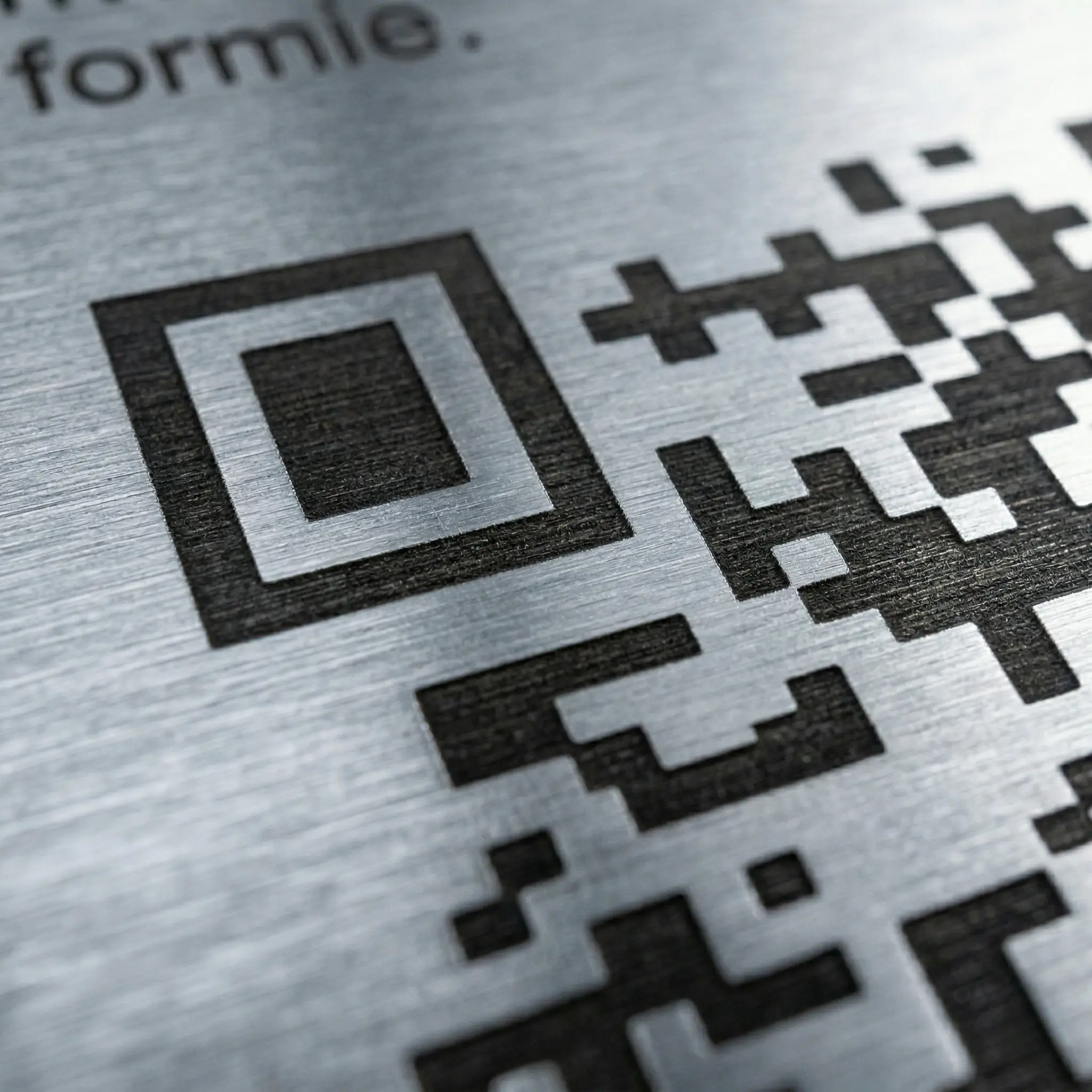 Detal kodu QR wygrawerowanego w stali nierdzewnej — precyzja i trwałość