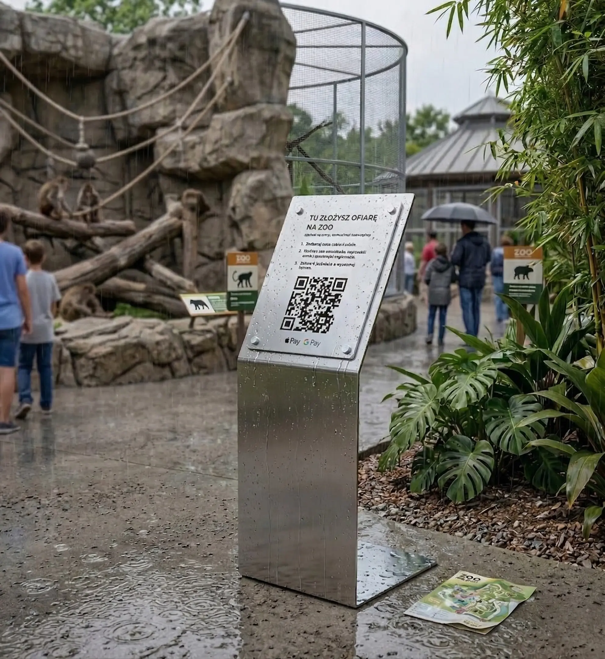 Tabliczka QR Noblio na zewnątrz w deszczu — odporność na warunki atmosferyczne
