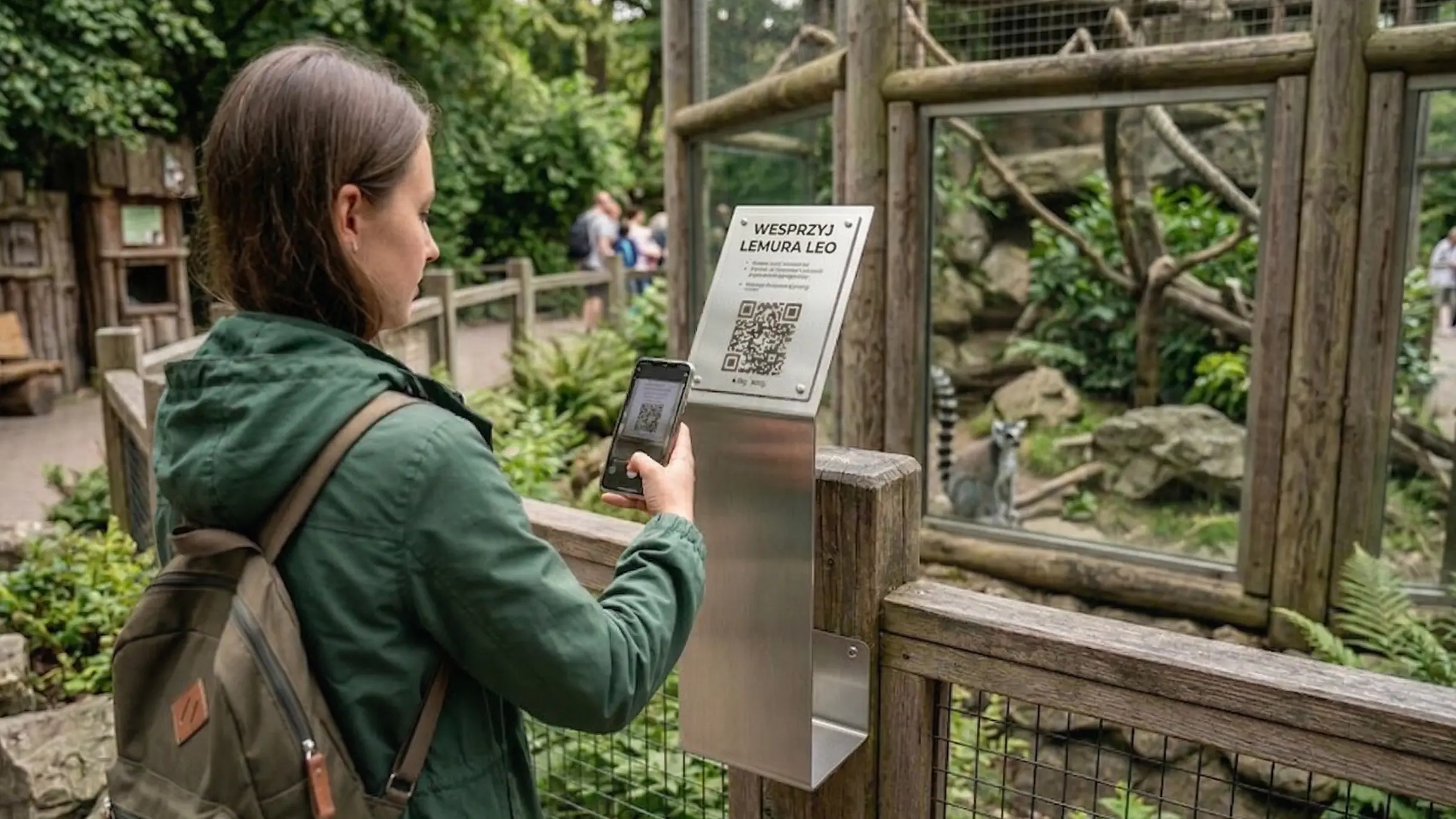 Stand QR Noblio przy wybiegu w zoo — gość skanuje kod smartfonem
