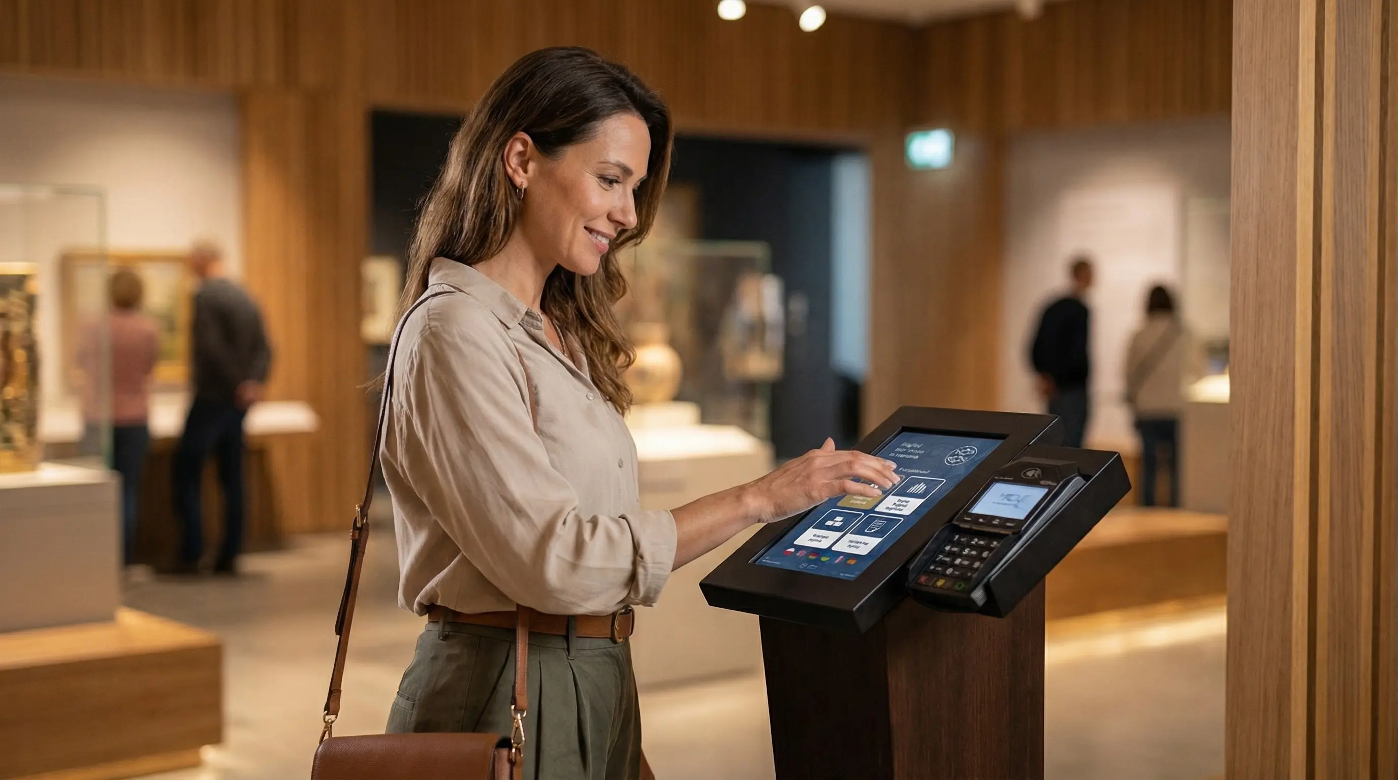 Gość muzeum dotykający ekranu Noblio Standard — moment darowizny bezgotówkowej