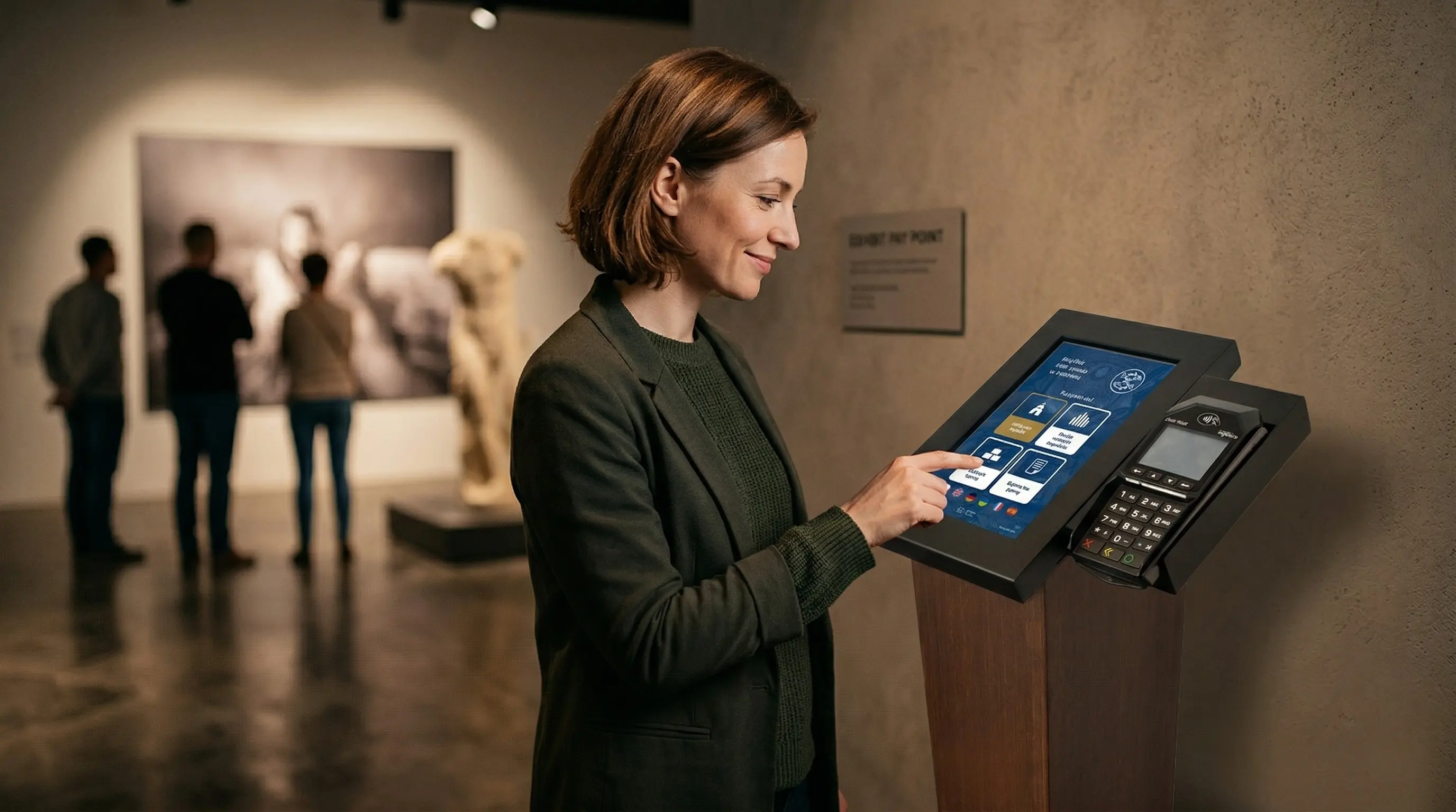 Kobieta korzystająca z Noblio Standard w muzeum — naturalny kontekst darowizny bezgotówkowej